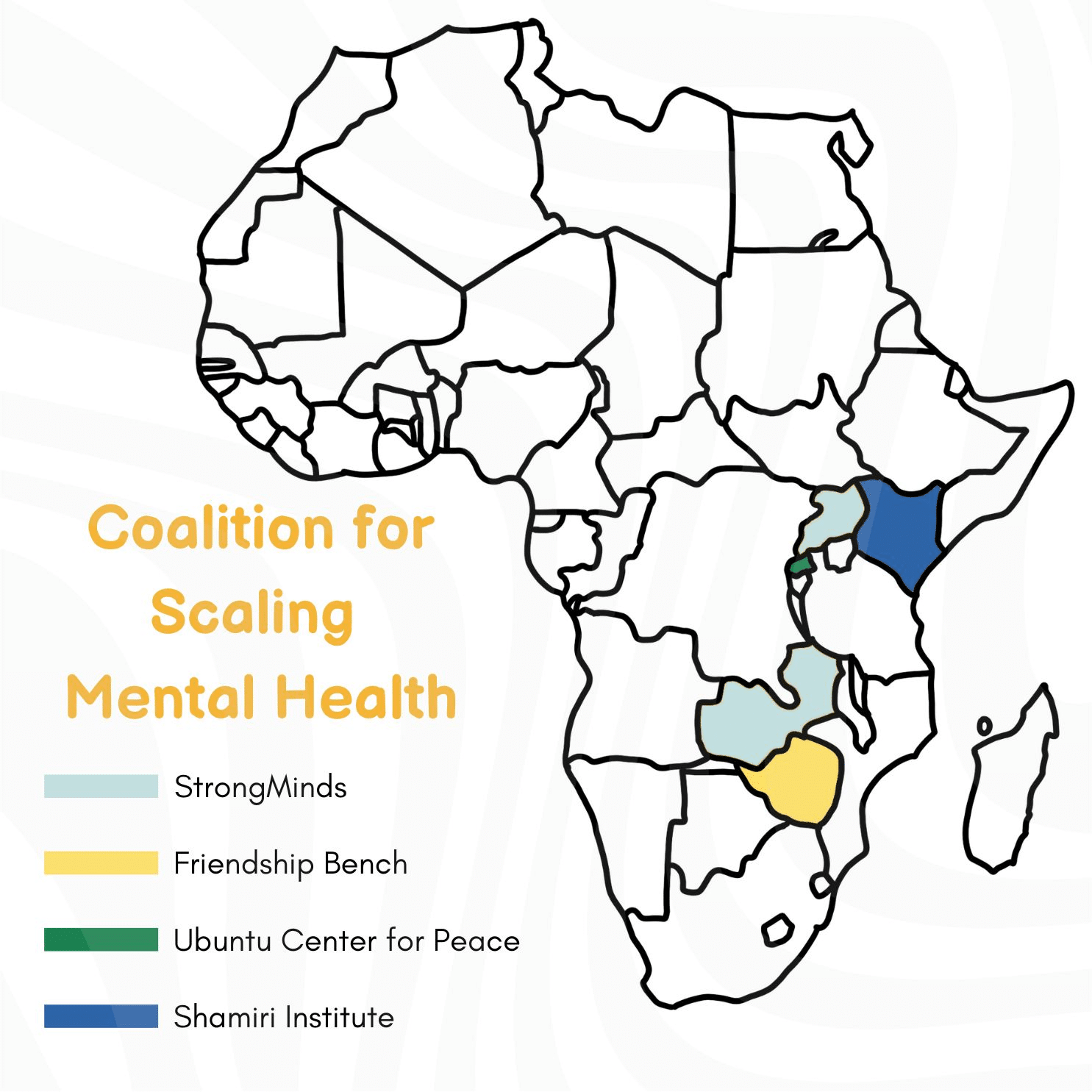 Image shows countries in which the coalition is working to expand access to mental health care.